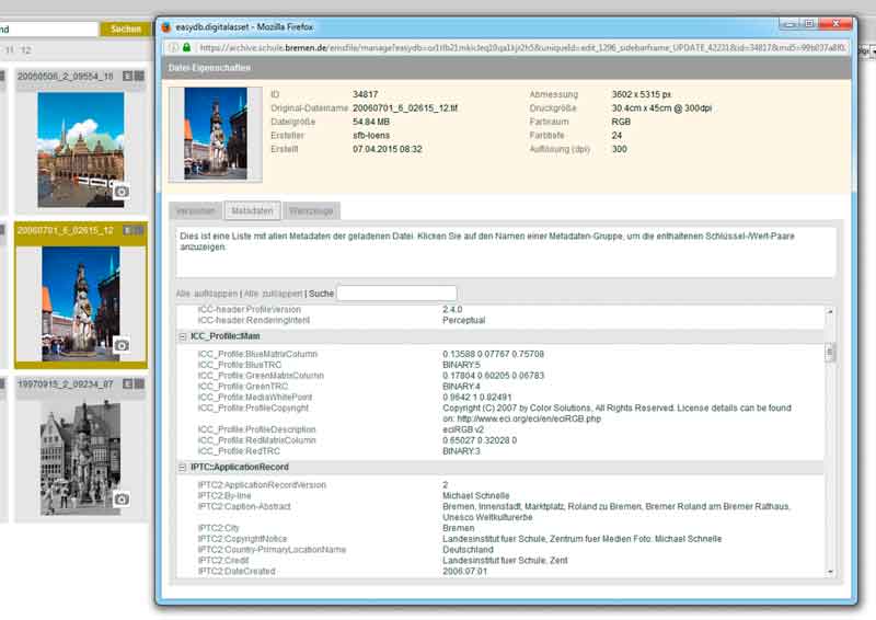 Screenshot from easydb digital-asset from Programmfabrik at LIS Bremen